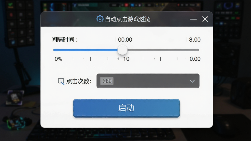 自动点击器(游戏助手)参数调节界面展示图,画面主体为悬浮窗参数设置面板,包含间隔时间滑块、点击次数输入框与启动按钮,布局居中对称,风格清爽简约,细节突出数值刻度与按钮质感,画质清晰,干净无多余元素