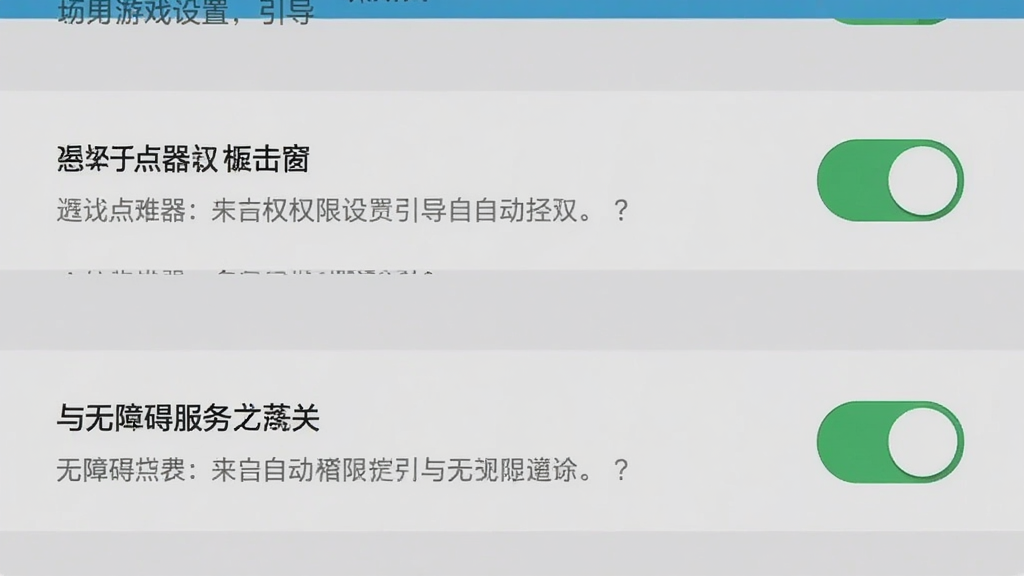 自动点击器(游戏助手)权限设置引导界面示意图,画面展示手机系统设置中的悬浮窗权限与无障碍服务开关页面,布局为列表式排列,风格写实清晰,细节包含权限开关按钮与提示文字,画质高清,干净无多余元素