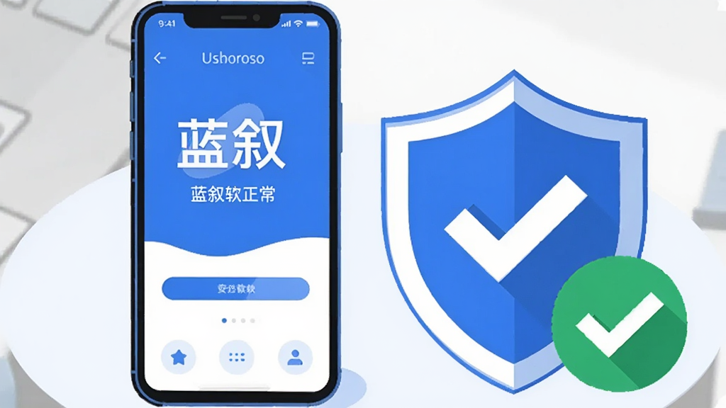 一部手机屏幕显示蓝叙软件正常运行界面,旁边放置一个盾牌图标与对勾标记,象征安全安装。画面采用扁平插画风格,配色以蓝白为主,构图简洁,细节清晰,画质干净,背景无杂乱元素。