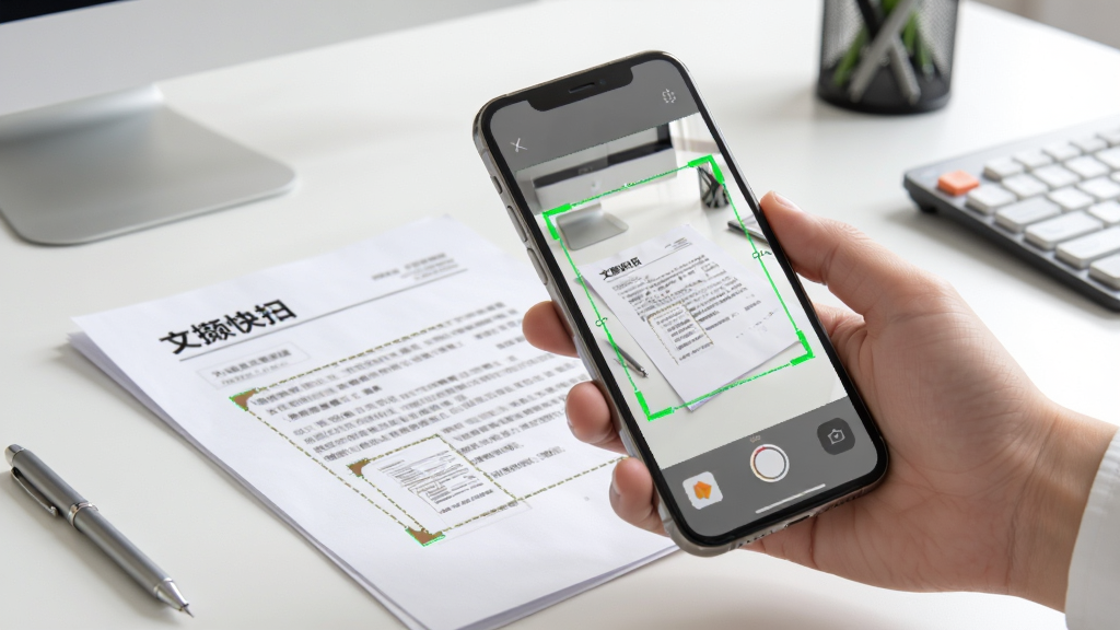文撷快扫智能裁剪功能演示图,画面中一只手拿着手机对准桌面上倾斜摆放的纸质文档,手机屏幕内显示自动识别的绿色边框与透视校正后的预览小图,背景为整洁办公桌面,风格写实明亮,细节清晰,画质干净,无多余元素