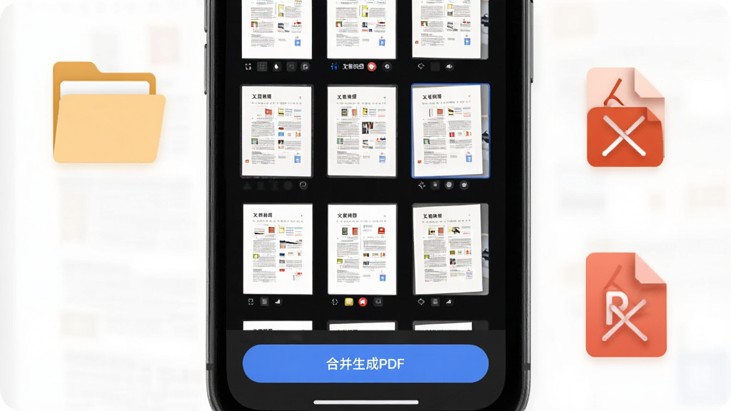 文撷快扫批量扫描界面,手机屏幕内展示多页文档缩略图排列成网格,底部有合并生成PDF按钮,画面配以文件夹与PDF文档图标,整体风格清新简约,布局规整,细节干净,高清画质,无多余元素