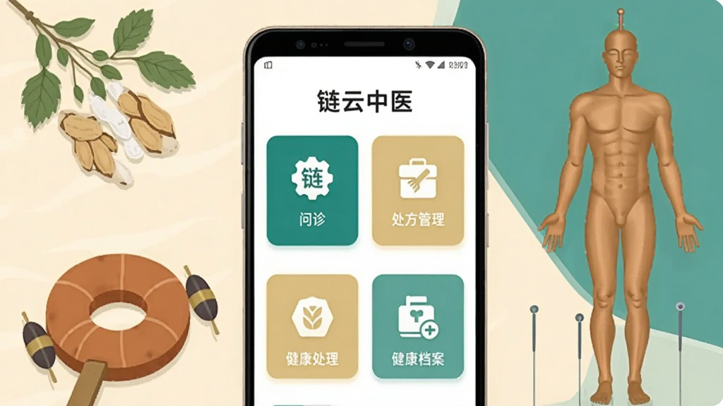 画面中央放置一部竖屏安卓手机,手机屏幕上显示“链云中医”应用主界面,界面包含问诊入口、处方管理、健康档案等功能模块图标,手机周围环绕中医元素如草药、脉枕、针灸铜人剪影,整体采用浅米色与青绿色搭配的清爽风格,扁平化插画排版,细节干净,画质清晰,无多余元素