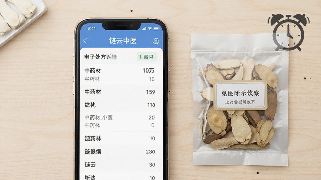 画面中心展示一部手机屏幕显示“链云中医”电子处方详情页,列表清晰呈现中药材名称与剂量,手机旁放置一包标注标签的中药饮片与一个闹钟图标,背景为浅色木纹桌面,风格简洁现代,排版整齐,画质清晰,干净无多余元素