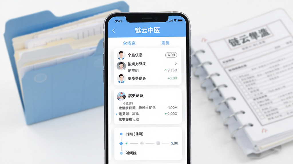 画面为一部手机竖屏展示“链云中医”健康档案页面,页面内以卡片形式排列个人信息、病史记录与时间线,手机后方虚化显示文件夹与病历本元素,整体采用浅蓝与白色配色,扁平化设计,布局清晰,画质干净,无多余元素