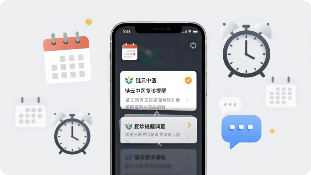 画面中央一部手机显示“链云中医”复诊提醒通知界面,屏幕上方有日历图标与提醒卡片,手机周围环绕日历、时钟与对话气泡元素,背景为浅灰色,风格清新简约,排版居中,画质清晰,无多余元素