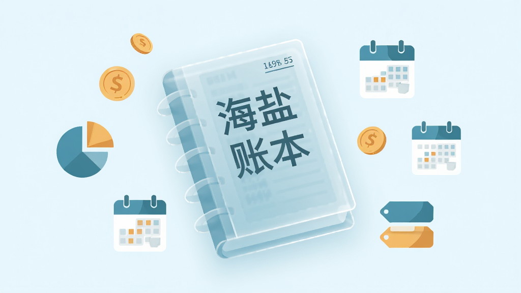 画面主体为一本悬浮在浅蓝色背景中的半透明账本,账本封面印有“海盐账本”四个中文字,周围环绕金币、饼状图、日历和分类标签等扁平化图标,布局采用中心对称构图,排版清爽留白充足,风格为现代简约扁平插画,细节上账本边缘带有微光描边,图标颜色以海盐蓝与暖橙搭配,画质高清干净无多余元素