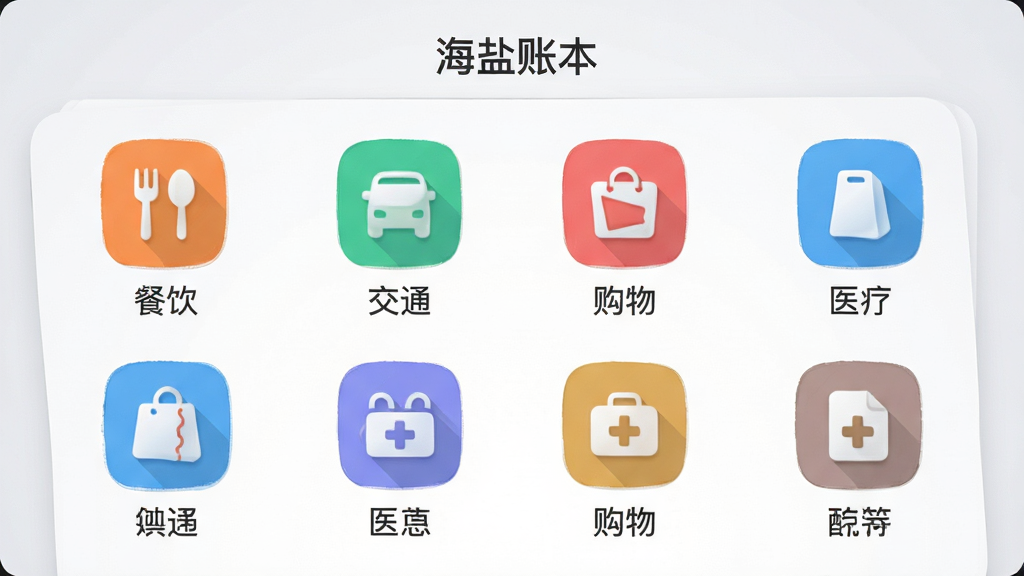 画面主体为“海盐账本”应用内的分类管理界面截图风格插画,界面中排列着餐饮、交通、购物、医疗等彩色图标,布局为网格状分布,排版整齐有序,风格为清新扁平UI风格,细节上每个图标下方带有中文分类名称,背景为浅灰渐变,画质高清干净无多余元素