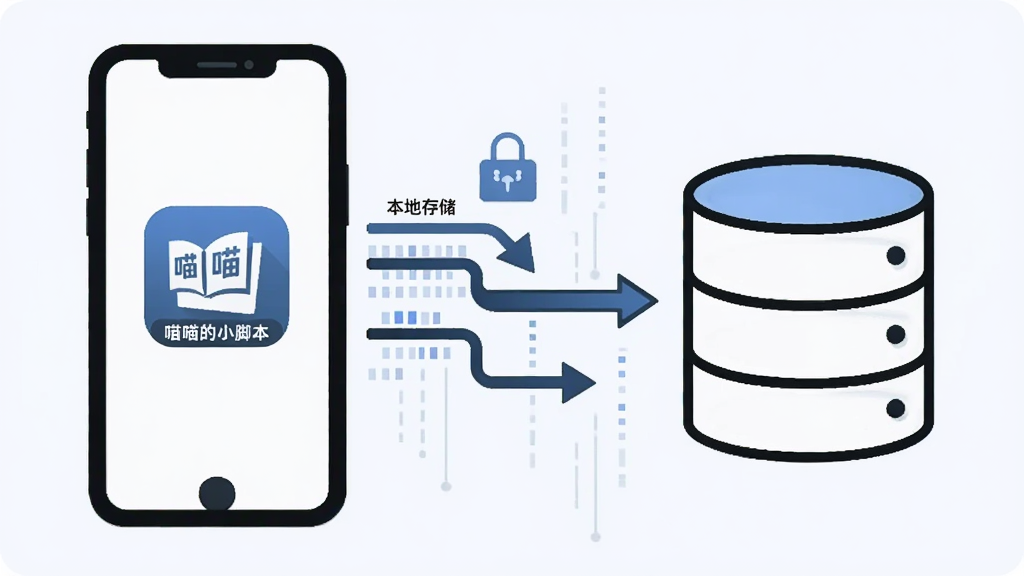 手机与存储图标组合示意图,画面左侧为一部手机,右侧为数据库圆柱图标,两者之间有数据流箭头连接,手机屏幕上显示