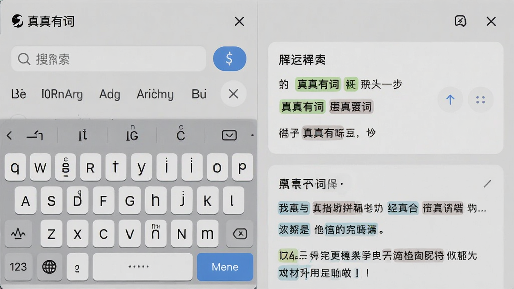 画面主体为“真真有词”软件中的词汇检索界面,布局采用左右分栏,左侧为搜索框与拼音键盘示意,右侧为释义卡片与例句展示,风格为扁平化学习工具风,细节包括高亮的关键词标签和整齐的文字排版,画质清晰干净,无多余装饰元素