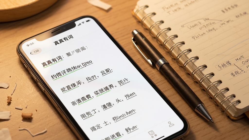 展示“真真有词”软件中例句学习页面的场景图,主体为手机屏幕特写,屏幕上排列着带有下划线关键词的例句句子,屏幕旁边放置一支笔和一个笔记本,布局为斜角透视,风格为温暖学习氛围,细节包括纸张纹理和柔光效果,画质细腻干净,无杂乱元素