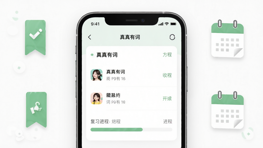 呈现“真真有词”软件收藏词单与复习进度的界面示意图,主体为手机屏幕中的词单列表和进度条,周围点缀书签和日历图标,布局为居中排列,风格为清爽工具风,细节包括柔和的绿色点缀与清晰的层级结构,画质干净明亮,无多余元素