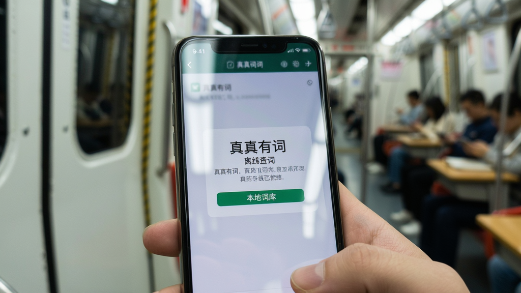 描绘“真真有词”软件离线查词功能的场景图,主体为手机屏幕显示本地词库已就绪的提示界面,背景为地铁车厢或教室环境虚化处理,布局为前景清晰后景模糊,风格为生活化记录风,细节包括手机握持手势和屏幕反光处理,画质真实干净,无多余元素