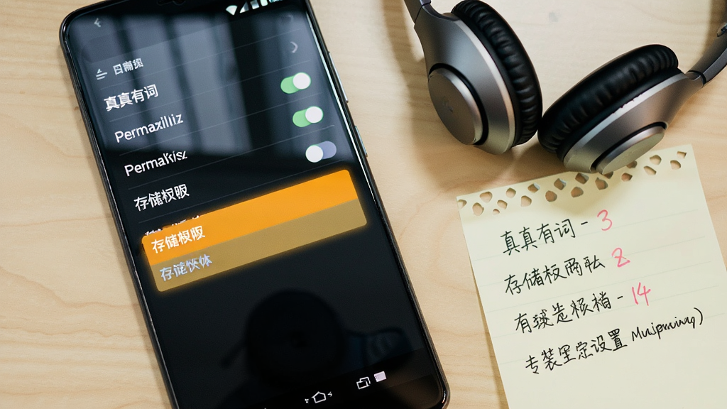 展示“真真有词”软件在安卓手机上的安装权限设置界面,主体为手机屏幕特写,屏幕上显示权限开关列表与存储权限高亮状态,旁边放置一副耳机和一张便签纸,布局为桌面俯拍视角,风格为数码生活记录风,细节包括屏幕反光和便签上的手写标记,画质清晰干净,无多余元素
