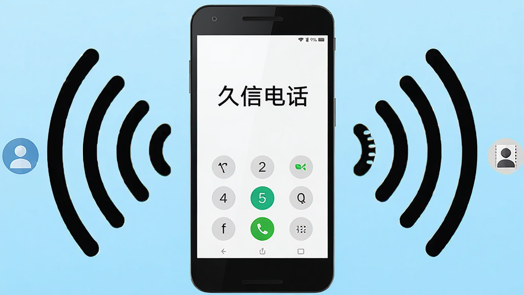 画面中央放置一部安卓手机,手机屏幕显示简洁的拨号盘界面与“久信电话”四个中文字,手机两侧分布信号波纹与联系人图标,背景为浅蓝色渐变,整体采用扁平化科技风格,构图居中对称,细节干净清晰,画质高清,无多余元素