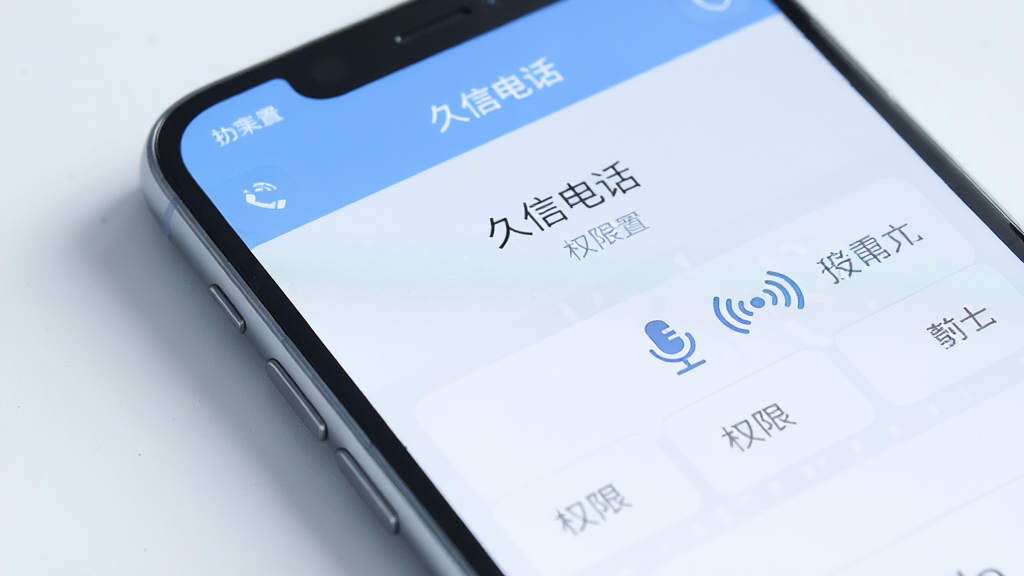 一部手机屏幕显示“久信电话”权限设置页面,旁边有麦克风与网络图标,画面采用柔和的蓝白配色,布局简洁,风格清爽,细节清晰,画质干净,无多余元素