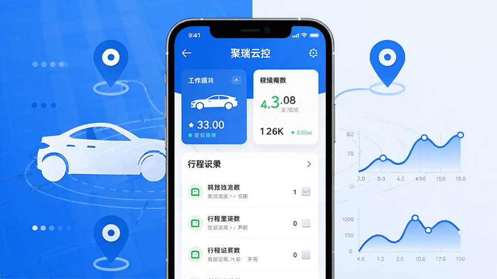 画面中央放置一部智能手机,屏幕内展示聚瑞云控应用主界面,包含车辆状态卡片与行程记录列表,手机周围环绕汽车轮廓、定位图标与数据曲线元素,整体采用蓝白科技风格,布局简洁对称,细节清晰,画质干净,无多余元素