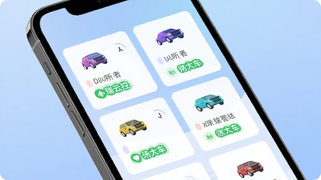 聚瑞云控多车管理界面展示,手机屏幕内排列多张车辆信息卡片,每张卡片配有不同颜色的车辆图标与状态标签,背景为柔和渐变蓝,整体排版整齐,风格现代简洁,画质干净,无多余元素