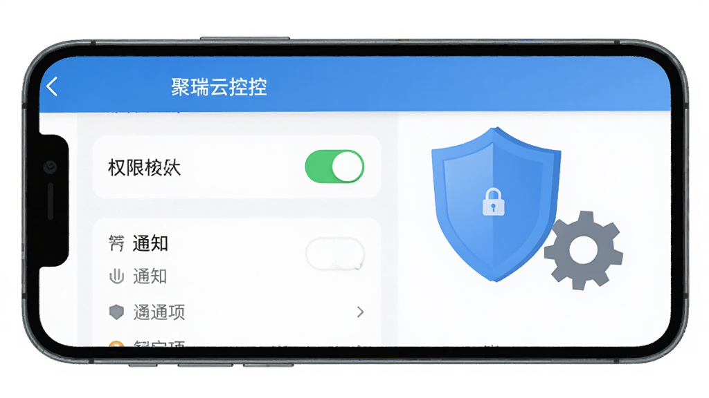 手机屏幕展示聚瑞云控设置页面,包含权限开关与通知选项列表,旁边配有盾牌图标与齿轮元素,整体风格简洁明快,蓝灰色调,画质干净,无多余元素
