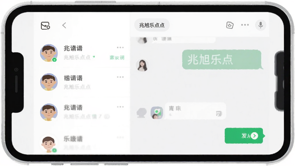 主体为一部智能手机居中放置,屏幕显示简洁聊天界面,布局采用左右分栏,左侧为会话列表右侧为对话气泡,排版干净留白充足,风格为现代扁平化UI插画,细节包含圆形头像、绿色发送按钮、浅灰色背景,画面中打文字