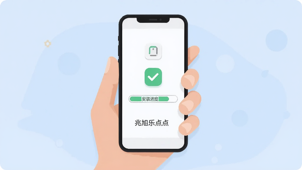 主体为一只手掌托起手机,屏幕显示安装进度条与简洁图标,布局为居中构图,排版突出手机与手掌的比例关系,风格为清新扁平插画,细节包含浅蓝色背景、白色进度条、绿色对勾图标,画面中打文字