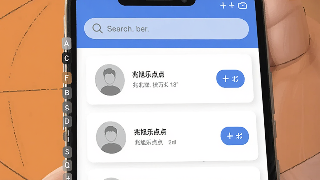 主体为手机界面展示联系人列表与搜索框,布局为顶部搜索栏加下方联系人卡片,排版疏密有致,风格为简约商务插画,细节包含字母索引条、头像占位图、添加按钮,画面中打文字