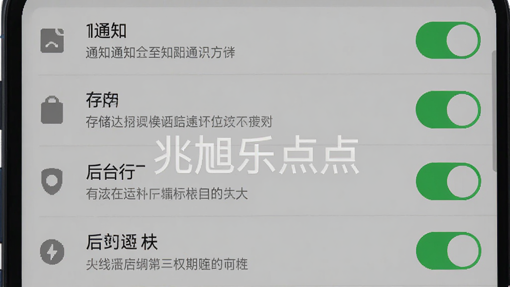 主体为手机屏幕显示设置界面与权限开关列表,布局为上下分层,排版清晰列出通知、存储、后台运行等选项,风格为扁平化信息图风格,细节包含绿色开关按钮、灰色图标、提示文字框,画面中打文字