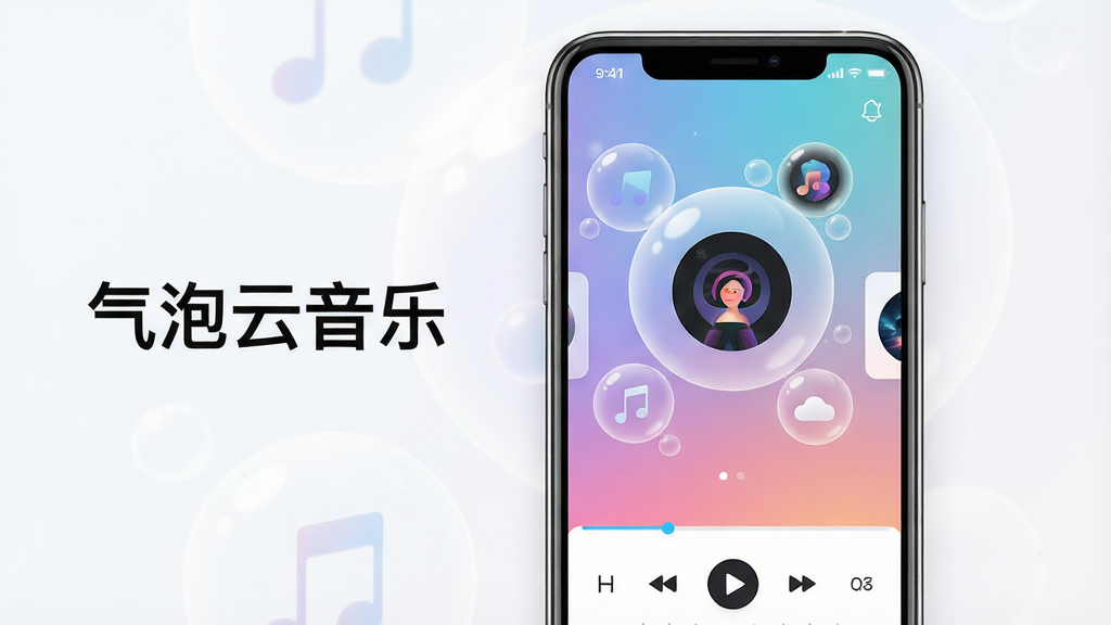主体为一款名为“气泡云音乐”的手机音乐播放器界面,布局采用居中展示手机屏幕的方式,屏幕内呈现气泡状歌单卡片与播放控制条,排版左侧放置软件名称“气泡云音乐”文字标识,风格为清爽现代的扁平化UI设计,细节包括半透明气泡元素、圆形专辑封面、渐变背景,画质高清,画面干净,无多余元素