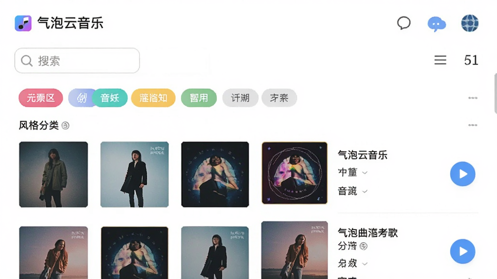主体为“气泡云音乐”软件内的音乐曲库检索页面,布局为顶部搜索框加下方分类标签与歌曲列表,排版清晰从左到右依次为搜索区、风格分类区、歌曲条目区,风格为明亮清新的移动端界面设计,细节包含彩色分类标签、专辑缩略图、播放按钮,画质高清,画面干净,无多余元素