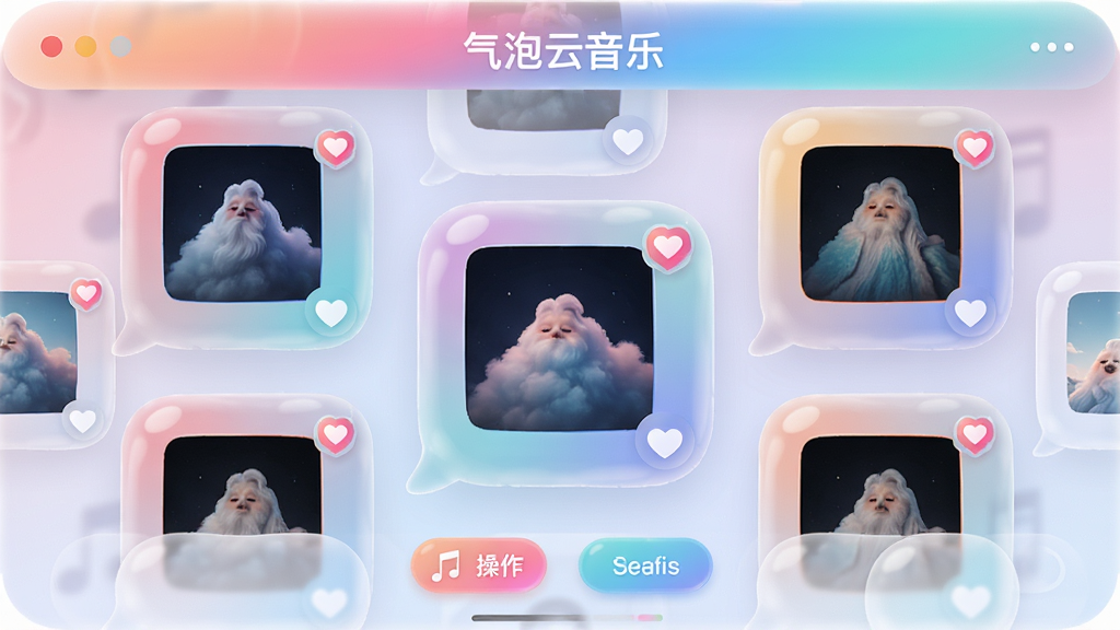 主体为“气泡云音乐”软件的歌单管理界面,布局为多个气泡形状的歌单卡片错落排列在屏幕中央,排版上方为标题栏下方为操作按钮,风格为柔和圆角与渐变色彩的视觉设计,细节包括半透明气泡质感、歌单封面图、收藏心形图标,画质高清,画面干净,无多余元素