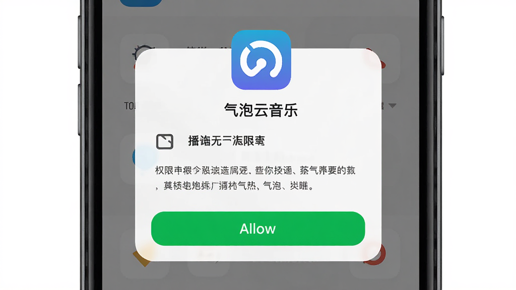主体为“气泡云音乐”软件在手机上的权限设置引导页面,布局为手机屏幕居中展示权限授权弹窗,排版上方为应用图标与名称下方为权限说明文字与允许按钮,风格为简洁的移动端系统弹窗设计,细节包括存储权限图标、文字说明区域、高亮按钮,画质高清,画面干净,无多余元素