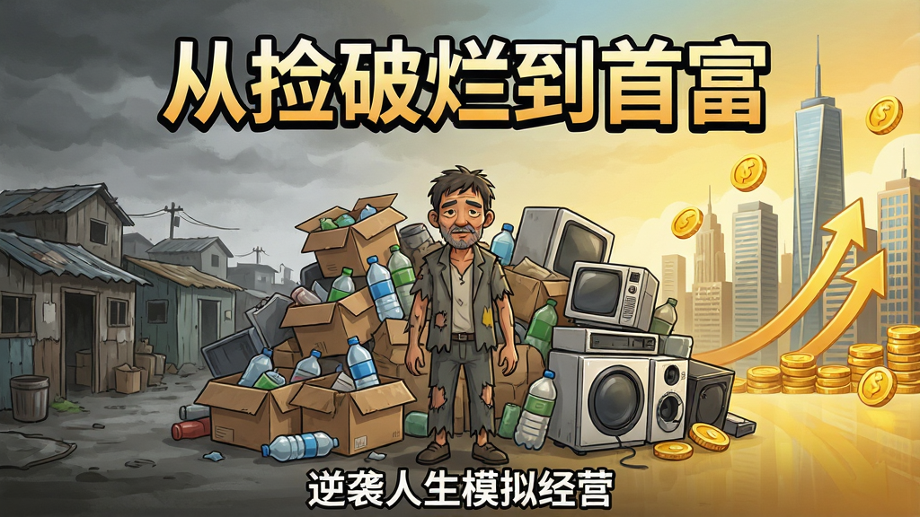 画面中央是一个穿着破旧衣服的拾荒者站在堆积如山的废品前,背景左侧是低矮的棚户区,右侧逐渐过渡到高楼林立的现代都市,形成强烈对比。整体采用卡通写实风格,色调从灰暗逐渐过渡到明亮金黄,象征财富积累的过程。画面顶部用醒目的艺术字体写着“从捡破烂到首富”,底部用小字标注“逆袭人生模拟经营”。细节上废品堆里有旧纸箱、塑料瓶、废旧家电,都市方向有金币和上升箭头点缀。画质清晰,构图干净,无多余杂乱元素。