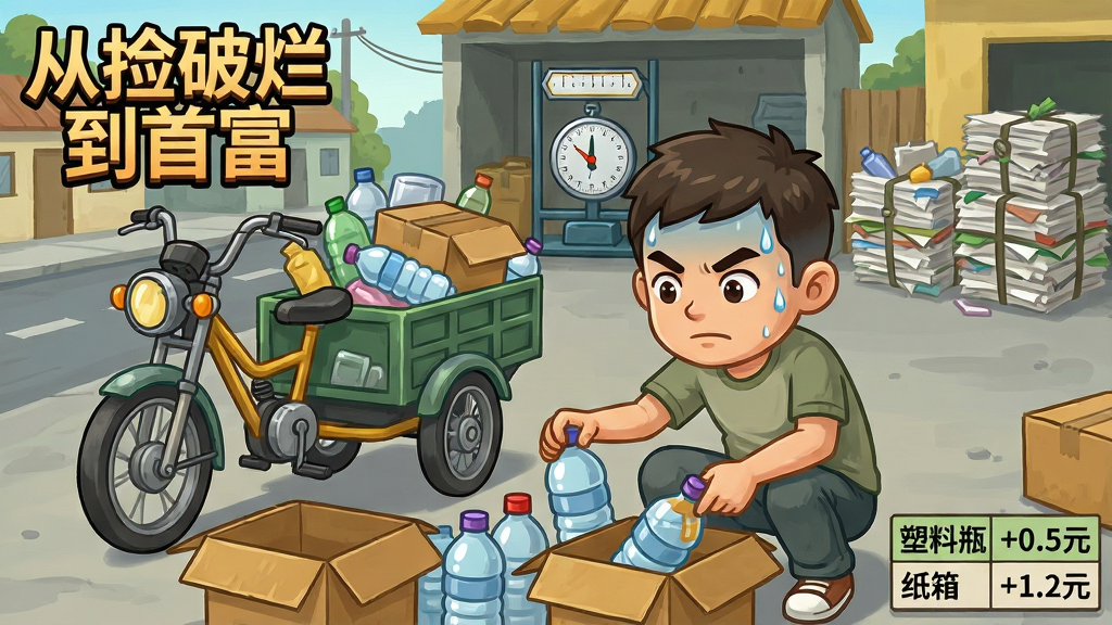 画面展示一个废品回收站场景,主角正蹲在地上将塑料瓶和纸箱分类打包,旁边停着一辆装满废品的三轮车。背景是城郊结合部的街道,远处有回收站的大秤和堆积的废纸捆。画面采用明快的卡通风格,色彩以土黄和灰绿为主,突出生活气息。主角表情认真,额头有汗珠。画面左上角写着“从捡破烂到首富”游戏标识,右下角有一个小表格显示“塑料瓶 +0.5元 纸箱 +1.2元”的价格浮动信息。画质干净,细节丰富,无杂乱元素。