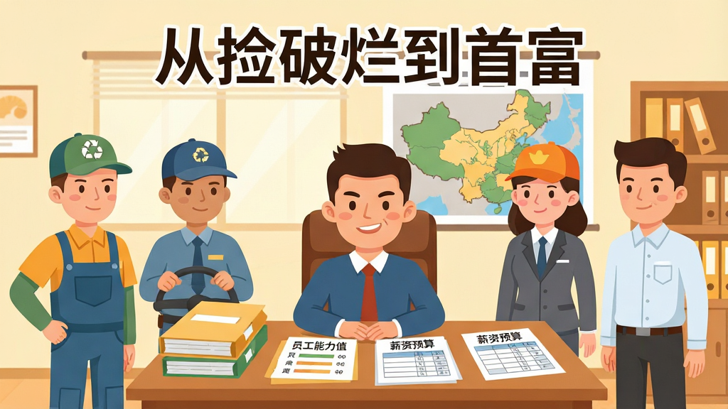 画面是一个办公室场景,主角坐在办公桌后,面前站着几位不同职业装扮的员工,有穿工装的回收员、戴帽子的司机、穿衬衫的店长。桌上放着员工档案和薪资表,背景墙上挂着产业布局图。画面采用扁平化卡通风格,色调明亮温暖,主角表情自信。画面顶部写着“从捡破烂到首富”字样,桌上文件显示“员工能力值”和“薪资预算”等字样。画质清晰,构图整洁,无多余元素。