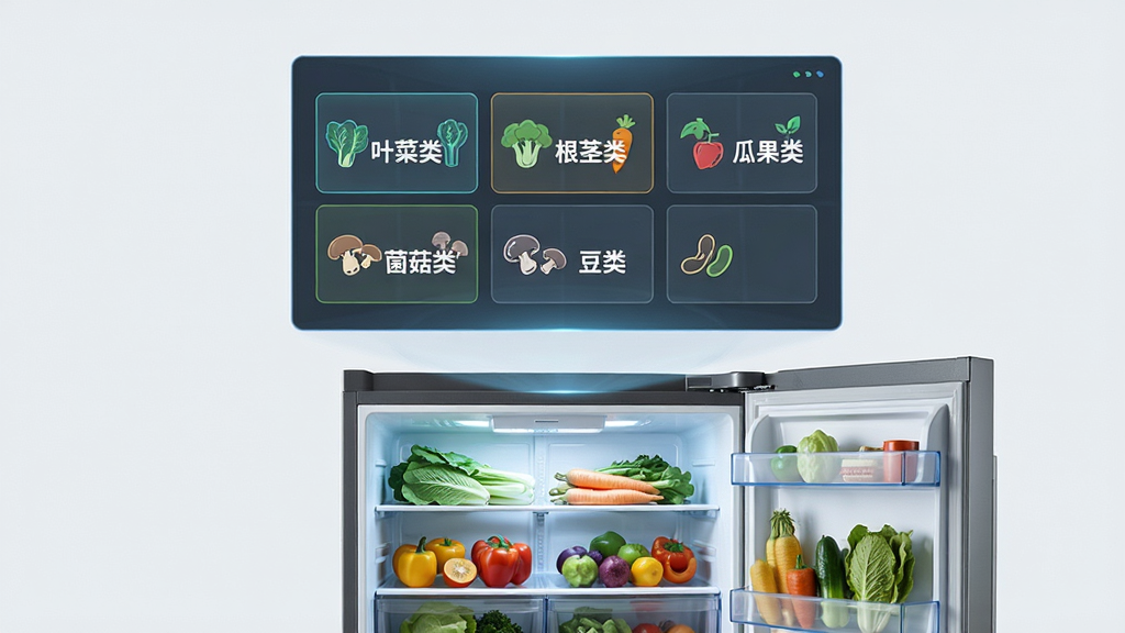 画面主体为一块悬浮的数字化面板,面板上以网格形式排列着“叶菜类”“根茎类”“瓜果类”“菌菇类”“豆类”五个分类标签,每个标签旁配有对应的蔬菜简笔图标,面板下方是一台打开的冰箱,冰箱内部蔬菜摆放整齐,整体布局上下结构,风格简约科技感,细节清晰,画质高清,色彩清爽,画面干净,无多余元素
