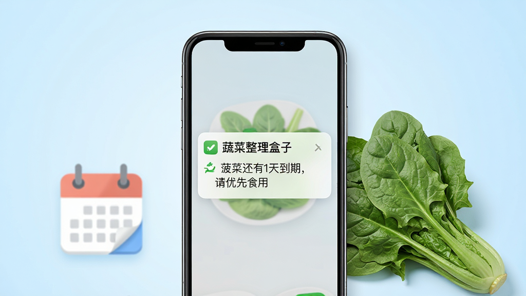 画面中央是一部手机,手机屏幕弹出“蔬菜整理盒子”的保质期提醒通知,通知内容显示“菠菜还有1天到期,请优先食用”,手机旁边放着一把新鲜菠菜和一个日历图标,背景为浅蓝色渐变,整体布局居中,风格简洁明快,细节清晰,画质高清,画面干净,无多余元素