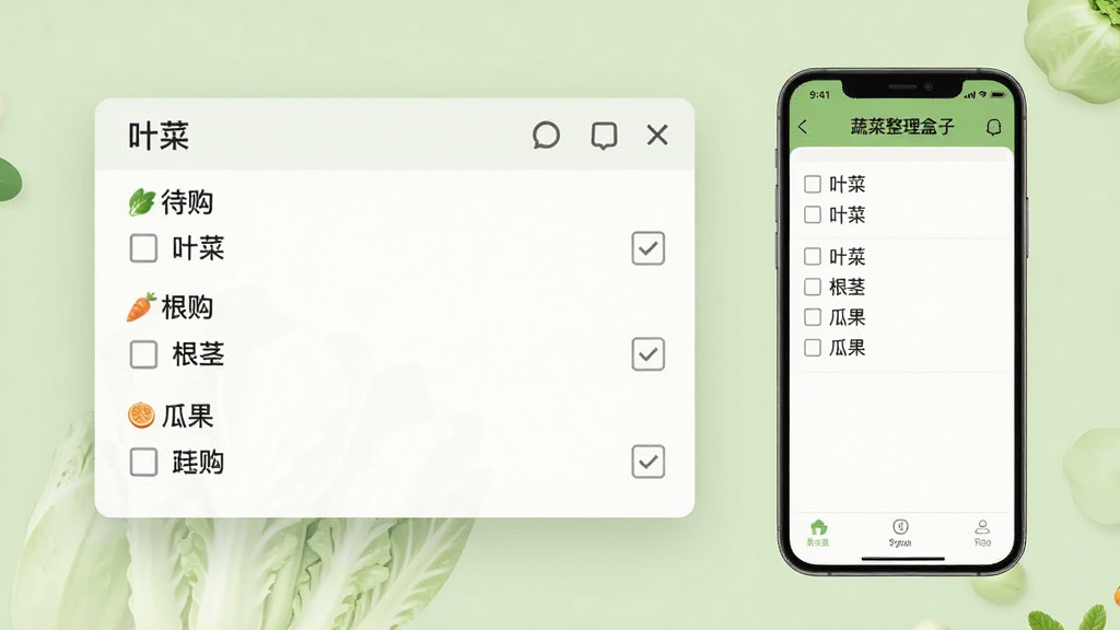 画面主体为一张悬浮的采购清单面板,面板上分“叶菜”“根茎”“瓜果”三组列出待购蔬菜名称,每条前面带有一个小方框,面板右侧是一部手机显示“蔬菜整理盒子”清单页面,背景为浅绿色,整体布局左面板右手机,风格清新实用,细节丰富,画质高清,画面干净,无多余元素
