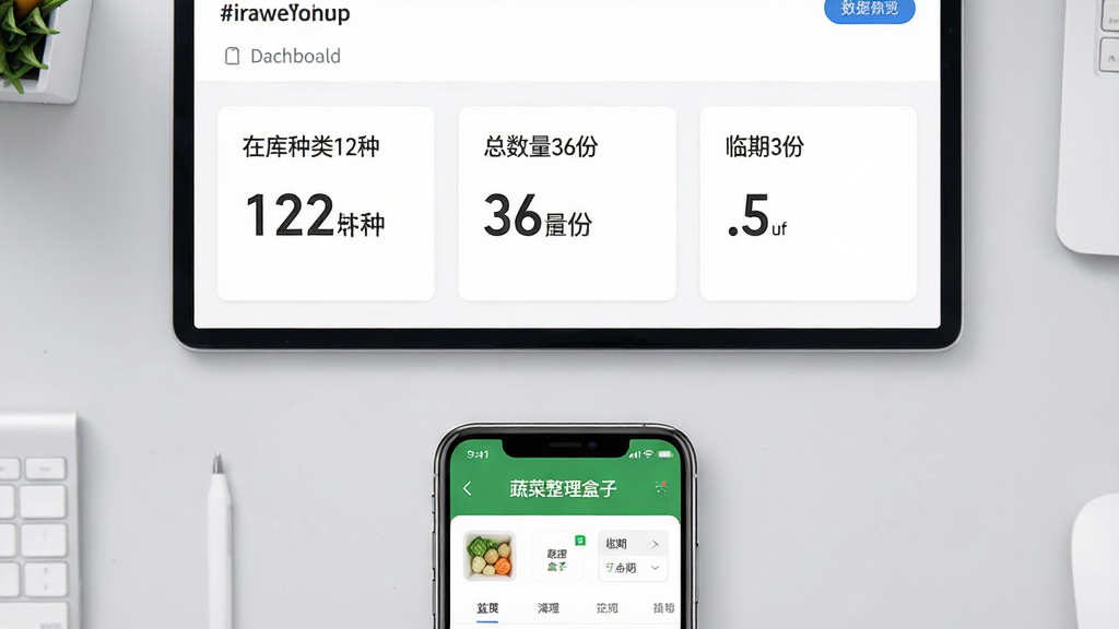 画面中央是一块数据看板,看板上以卡片形式显示“在库种类12种”“总数量36份”“临期3份”等数字信息,看板下方是一部手机显示“蔬菜整理盒子”库存总览页面,背景为浅灰色办公桌面,整体布局上下结构,风格商务简洁,细节清晰,画质高清,画面干净,无多余元素