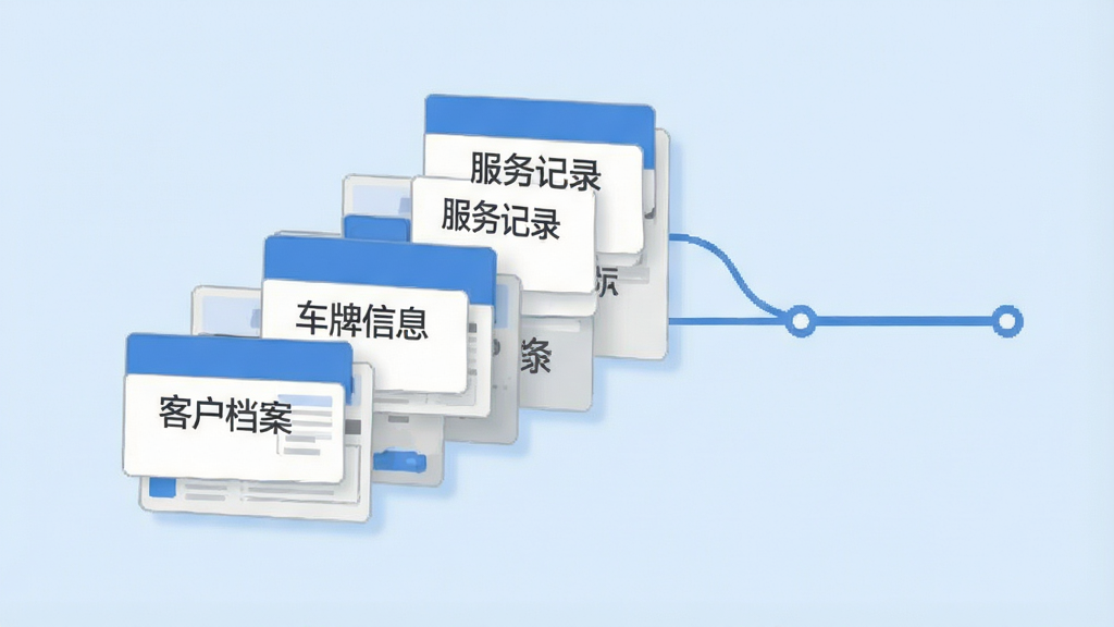 一张信息管理界面的示意图,画面主体为悬浮在浅蓝色背景上的多张卡片,每张卡片上写有“客户档案”“车牌信息”“服务记录”等字样,卡片以阶梯状排列,右侧延伸出一条时间轴连接各卡片,整体风格为简约商务插画,配色以蓝白灰为主,布局清晰有序,画质干净,无杂乱元素