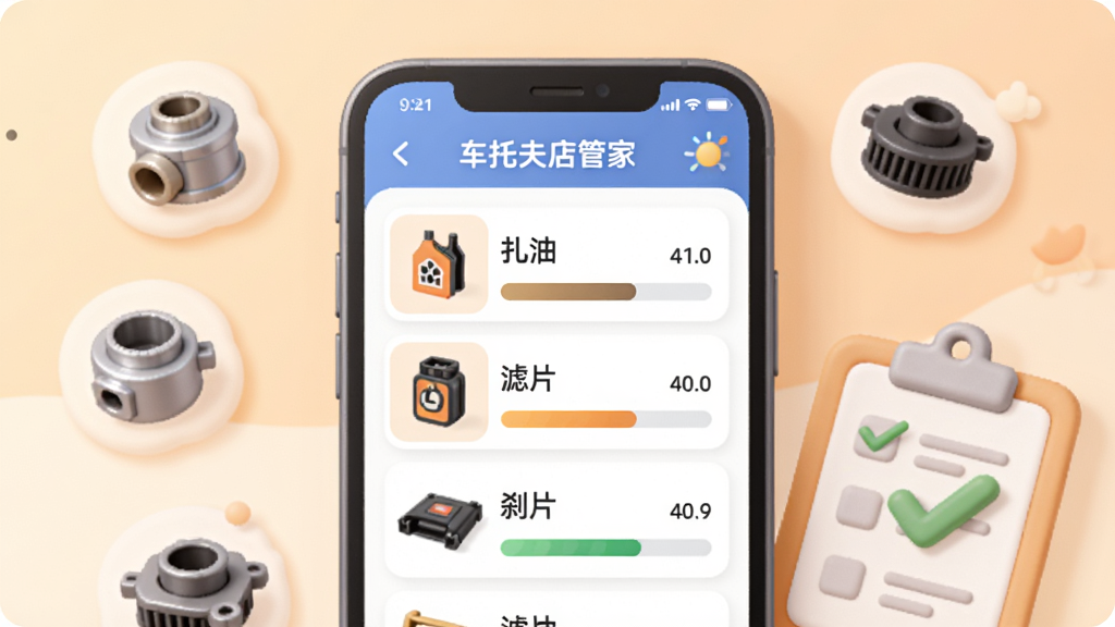 画面展示一个手机屏幕特写,屏幕内呈现“车托夫店管家”的库存管理页面,页面上排列着机油、滤芯、刹车片等配件条目与数量进度条,手机旁边散落着几个汽车配件小图标与一个带对勾的清单板,背景为淡橙色渐变,插画风格柔和圆润,布局以手机为中心向两侧延展,画质细腻,无多余文字堆砌