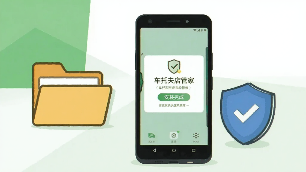 一部安卓手机平放在桌面上,屏幕显示“车托夫店管家”的安装完成提示界面,手机旁边放着一个打开的文件夹图标与一个盾牌形状的安全标识,背景为浅绿色与白色相间的几何色块,插画风格简洁明快,布局以手机为视觉中心,画质清晰,无多余装饰