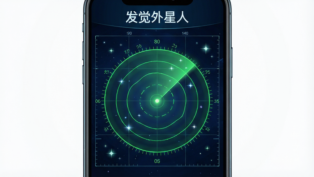 画面主体是一部手机,屏幕上显示雷达扫描界面,绿色雷达波纹向外扩散,中心有一个亮点,周围散落着星点,背景为深空蓝,布局为居中对称,风格为科技感UI插画,细节包括网格线、坐标数字与光晕效果,画质高清,干净,无多余元素,屏幕上方有「发觉外星人」文字。