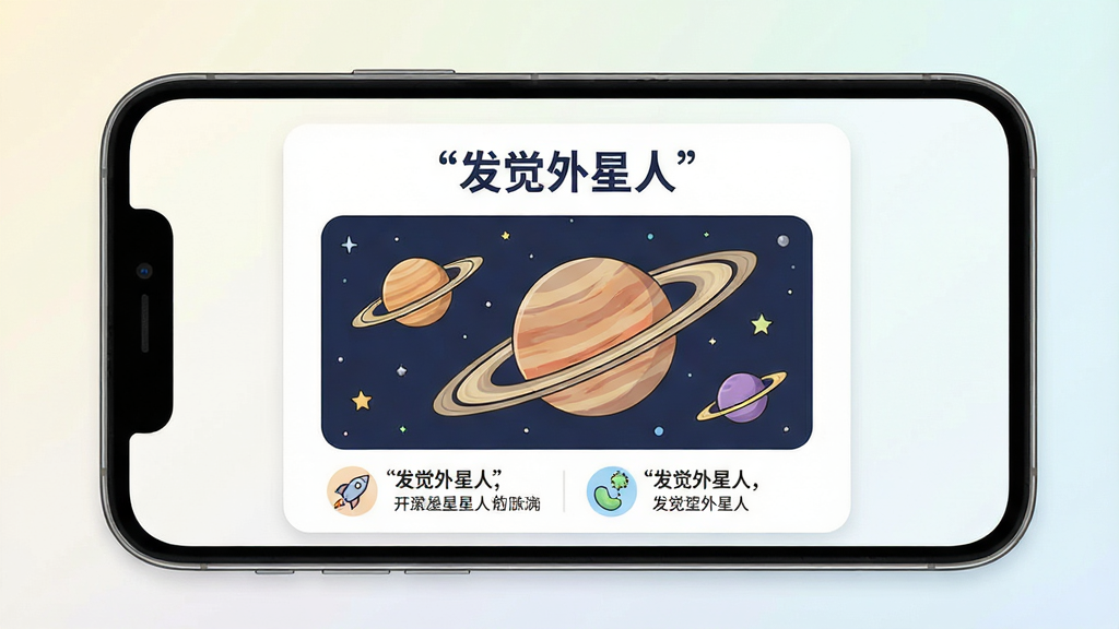 画面主体是一部手机,屏幕上显示科普卡片,卡片上有星球插图与文字说明,背景为浅色渐变,布局为上下结构,风格为清新科普插画,细节包括星球环、文字框与图标,画质高清,干净,无多余元素,卡片标题含「发觉外星人」字样。