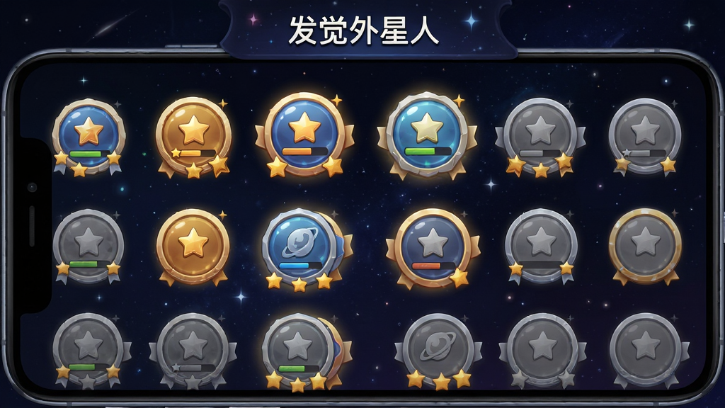 画面主体是一部手机,屏幕上显示成就徽章墙,多个圆形徽章排列整齐,部分点亮部分灰色,背景为深色星空,布局为网格状,风格为游戏化UI插画,细节包括徽章光泽、进度条与星星装饰,画质高清,干净,无多余元素,页面顶部有「发觉外星人」标题。