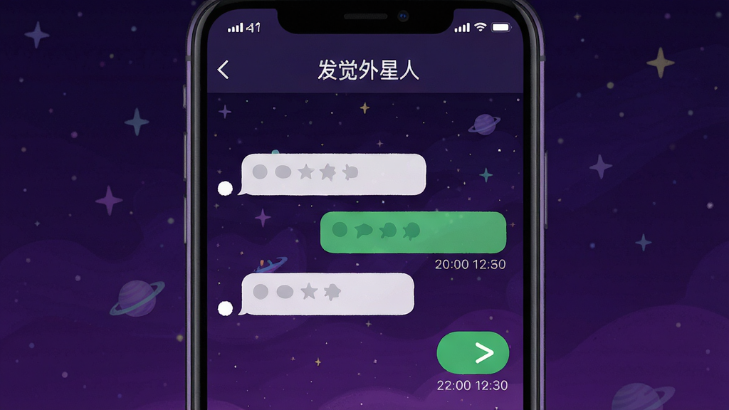 画面主体是一部手机,屏幕上显示通讯对话界面,聊天气泡左右分布,背景为深紫色星空,布局为上下对话流,风格为社交应用插画,细节包括信号图标、发送按钮与时间戳,画质高清,干净,无多余元素,界面顶部有「发觉外星人」文字。