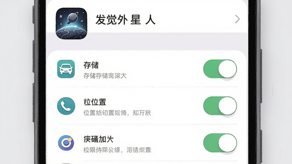 画面主体是一部手机,屏幕上显示应用权限设置界面,有存储、位置等开关选项,背景为浅灰色,布局为列表式,风格为系统设置UI插画,细节包括开关按钮、图标与文字说明,画质高清,干净,无多余元素,界面顶部有「发觉外星人」应用名称。