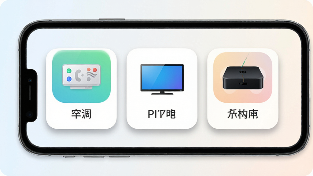 画面展示万能遥控空调电视的多设备管理界面,手机屏幕中并排显示空调、电视、机顶盒三个遥控卡片,每个卡片有对应的图标和名称标签,布局为三卡片横向排列,风格为柔和圆角卡片式设计,细节上卡片有轻微阴影、图标色彩区分明显,背景为浅色渐变,画质细腻干净,无杂乱元素