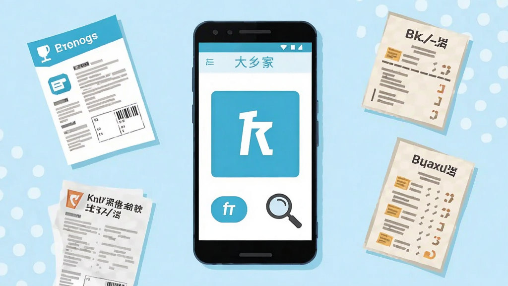 画面中心是一部竖屏安卓手机,屏幕显示清楚看大字软件主界面,界面上有大号字体按钮和放大镜图标,手机周围摆放药品说明书、快递单、菜单三样小字物品,整体采用明亮的浅蓝与白色配色,扁平化插画风格,排版居中对称,细节清晰,画质干净锐利,无多余装饰元素