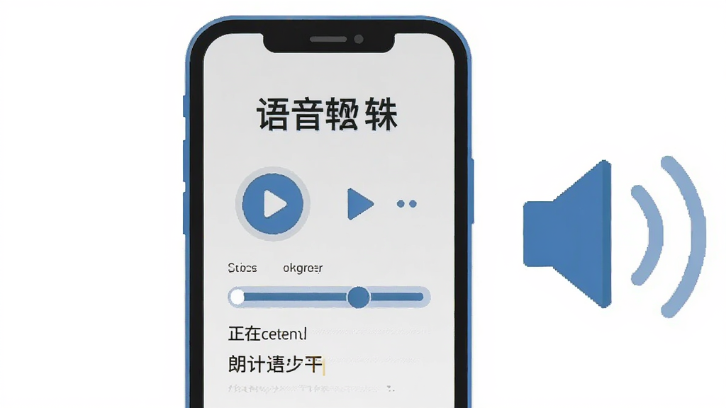 画面中心是一部手机,屏幕显示清楚看大字软件的语音播报界面,界面上有播放按钮、语速调节条和正在朗读的文字段落,手机旁有一个扬声器图标发出声波示意,整体采用简洁的扁平插画风格,浅灰与蓝色配色,排版清晰,画质干净
