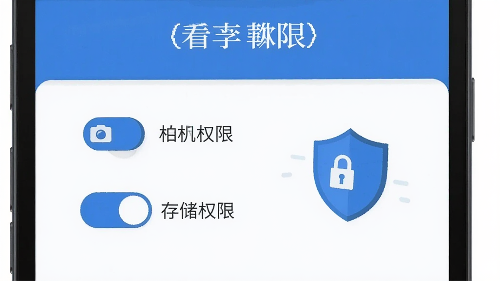 画面为一部安卓手机屏幕特写,显示清楚看大字软件的权限设置引导页面,页面上有相机权限开关与存储权限开关的示意图,旁边配有一个盾牌图标表示安全提示,整体采用扁平化插画风格,蓝白配色,排版清晰,画质干净,无多余元素