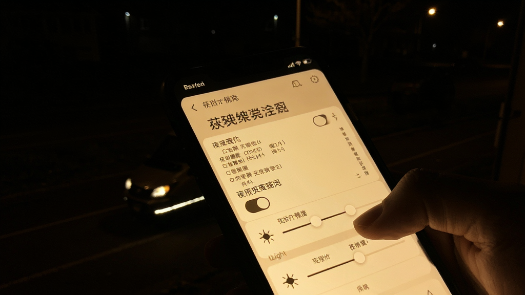 画面展示清楚看大字软件在夜间环境下的使用场景,手机屏幕发出柔和暖光照射在快递单上,屏幕界面显示夜间模式开关与亮度调节滑块,整体采用深色背景与暖黄光效,写实风格,排版简洁,画质清晰干净